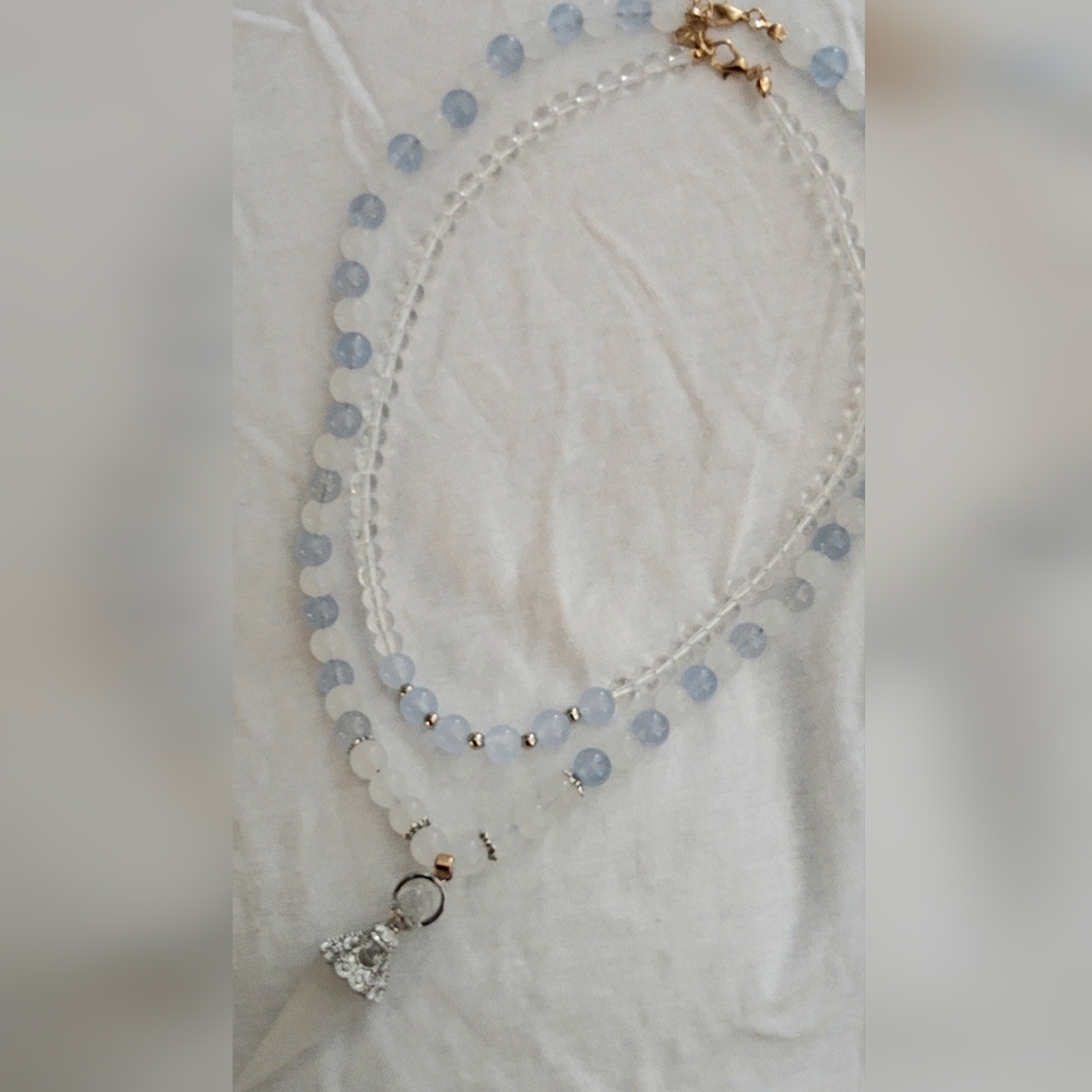 A double Necklace pairing aquamarine and quartz crystal beads with a Charm - Picture 3 of 4